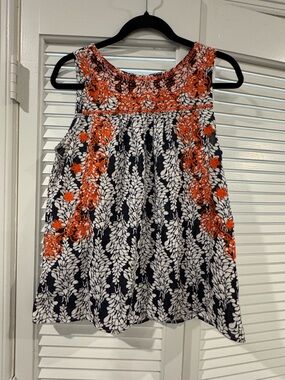 THML Navy White with Orange Floral Embroidery Sleeveless Top